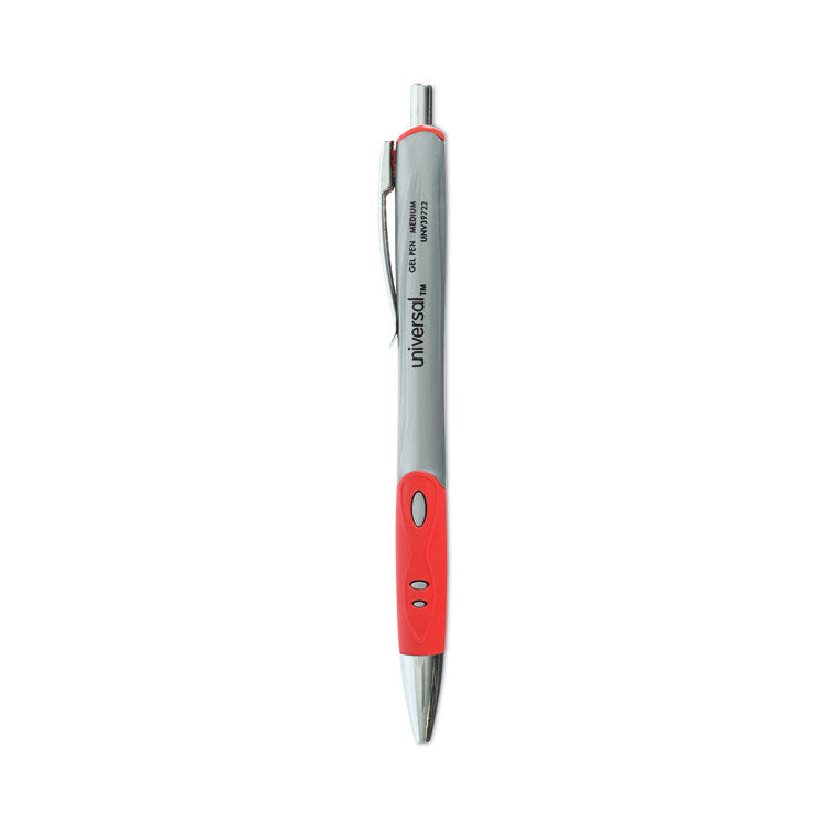 Universal - Comfort Grip Gel Pen, Retractable, Medium 0.7 mm, Red Ink, Silver Barrel, Dozen