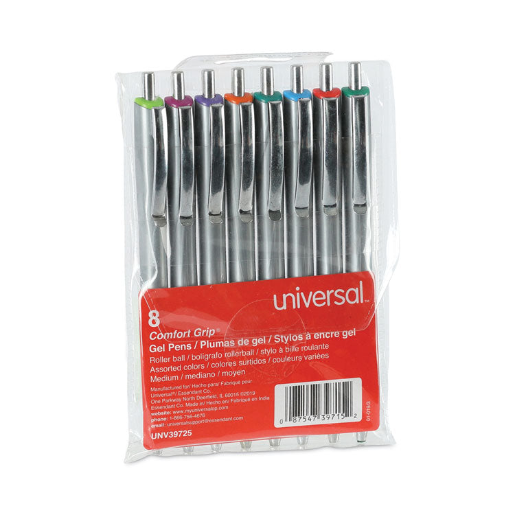 Universal - Comfort Grip Gel Pen, Retractable, Medium 0.7 mm, Assorted Ink Colors, Silver Barrel, 8/Pack