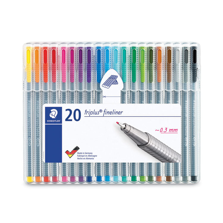 Staedtler - Triplus Fineliner Porous Point Pen, Stick, Extra-Fine 0.3 mm, Assorted Ink Colors, Silver Barrel, 20/Pack