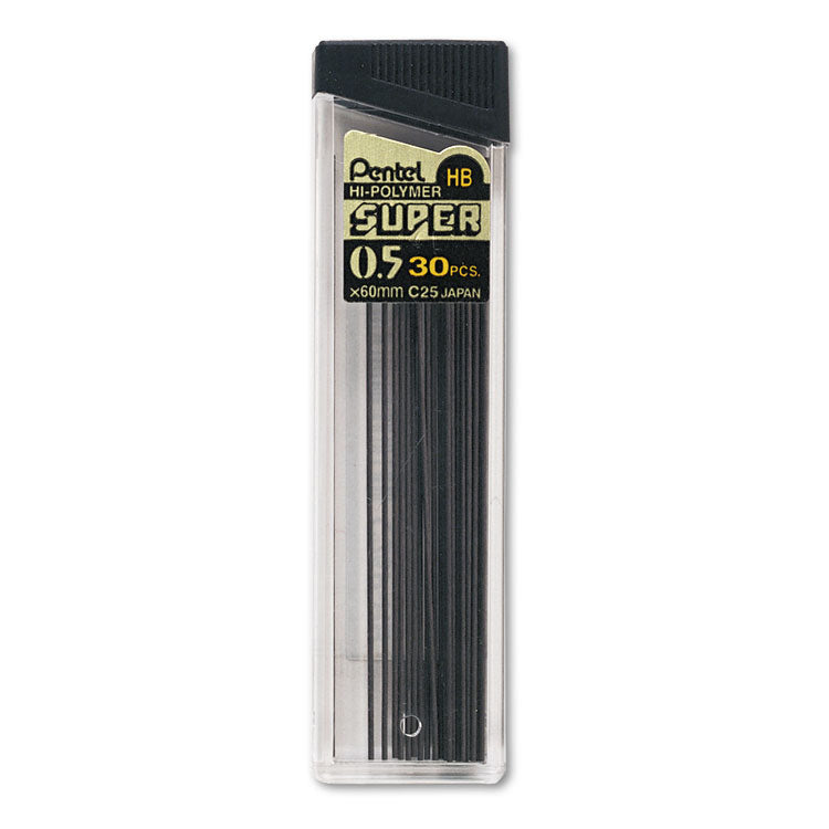 Pentel - Super Hi-Polymer Lead Refills, 0.5 mm, HB, Black, 30/Tube