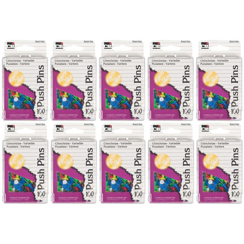 CHARLES LEONARD - Push Pins, Assorted Colors, 100 Per Box, 10 Boxes