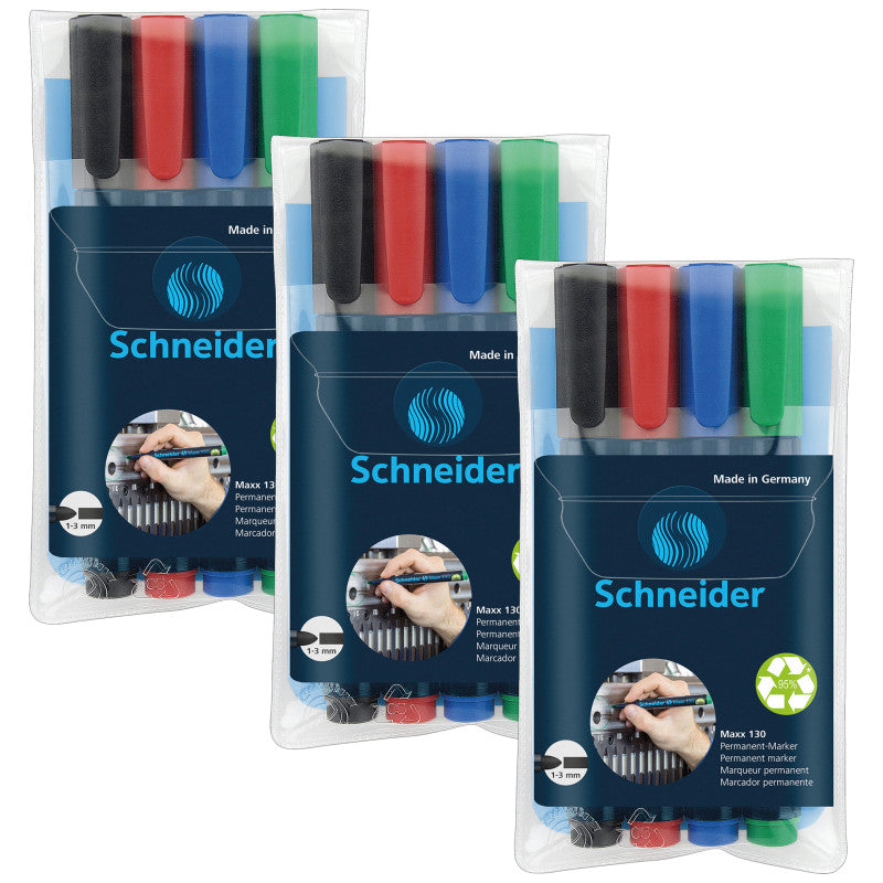 SCHNEIDER - Maxx 130 Permanent Markers, Assorted Colors, 4 Per Pack, 3 Packs