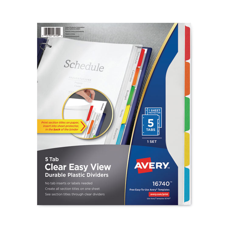 Avery - Clear Easy View Plastic Dividers with Multicolored Tabs and Sheet Protector, 5-Tab, 11 x 8.5, Clear, 1 Set