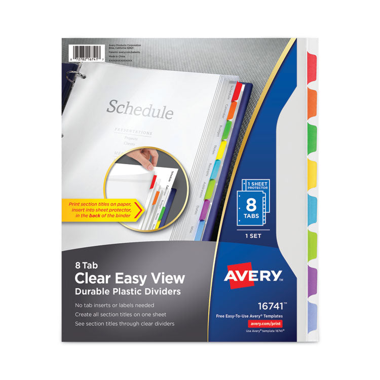 Avery - Clear Easy View Plastic Dividers with Multicolored Tabs and Sheet Protector, 8-Tab, 11 x 8.5, Clear, 1 Set