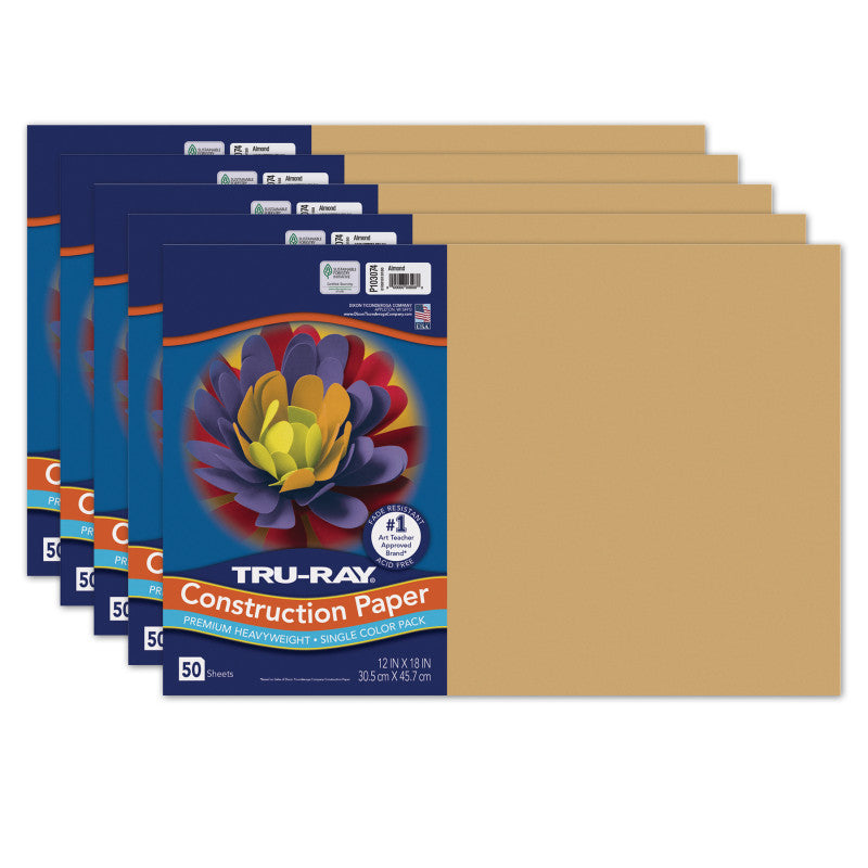 TRU-RAY - Fade-Resistant Construction Paper, Almond, 12" x 18", 50 Sheets Per Pack, 5 Packs