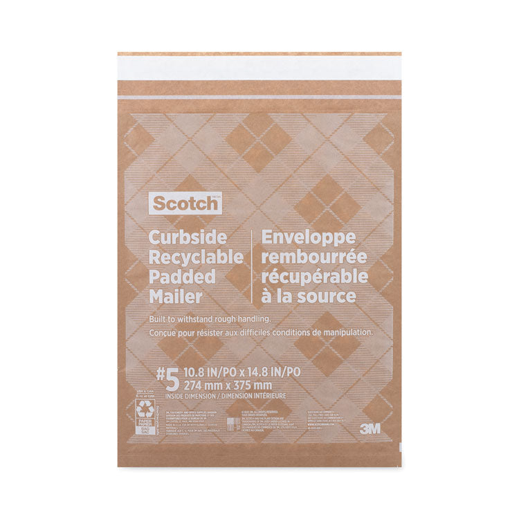 Scotch - Curbside Recyclable Padded Mailer, #5, Bubble Cushion, Self-Adhesive Closure, 12 x 17.25, Natural Kraft, 100/Carton