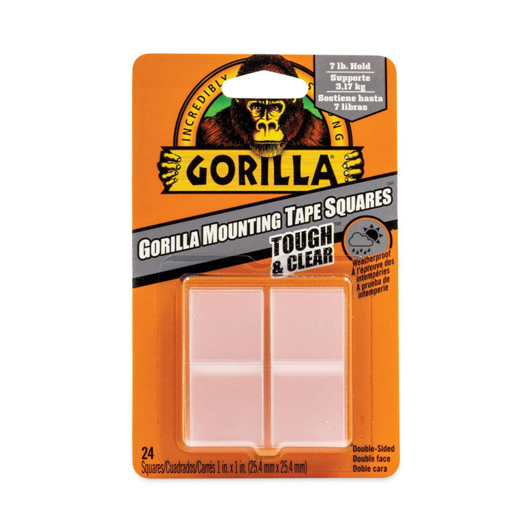 Gorilla - Tough and Clear Double-Sided Mounting Tape, Holds Up to 0.58 lb per Pair (Up to 7 lb per 24), 1" x 1", Clear, 24/Pack