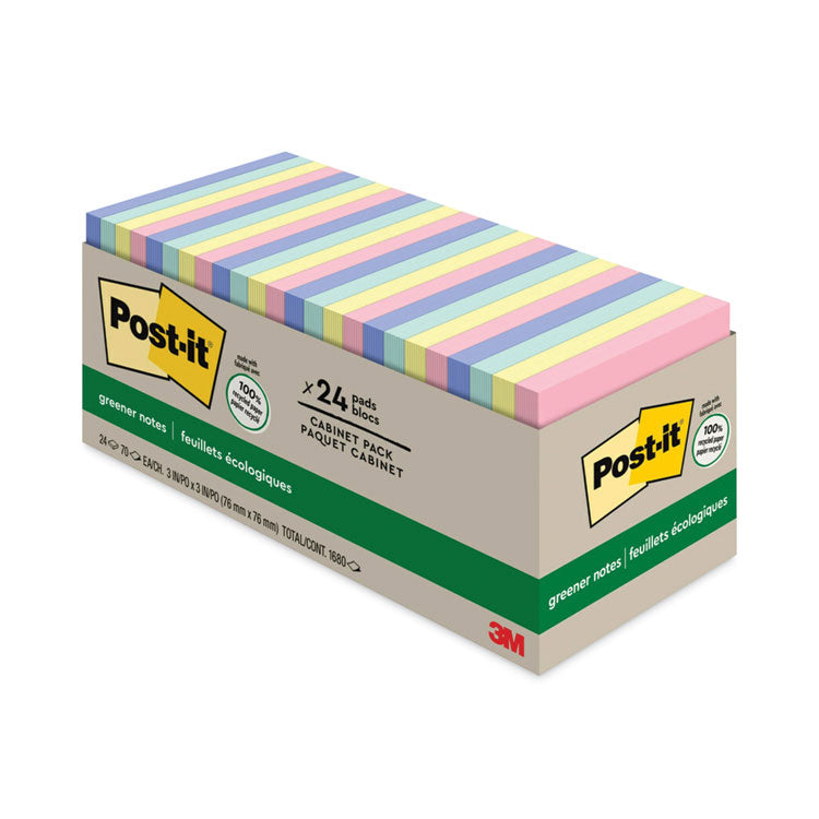 Post-it Greener Notes - Original Recycled Note Pad Cabinet Pack, 3" x 3", Sweet Sprinkles Collection Colors, 75 Sheets/Pad, 24 Pads/Pack