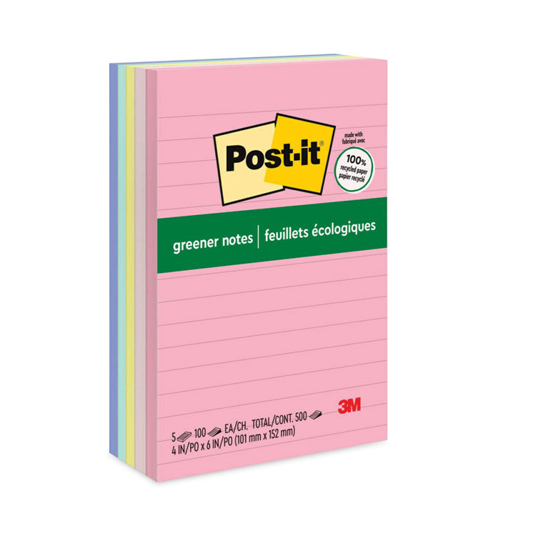 Post-it Greener Notes - Original Recycled Note Pads, Note Ruled, 4" x 6", Sweet Sprinkles Collection Colors, 100 Sheets/Pad, 5 Pads/Pack