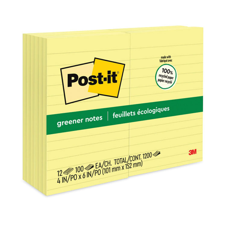 Post-it Greener Notes - Original Recycled Note Pads, Note Ruled, 4" x 6", Canary Yellow, 100 Sheets/Pad, 12 Pads/Pack