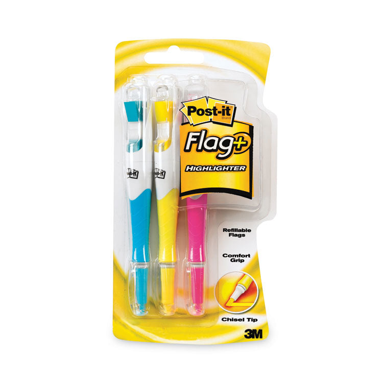 Post-it - Flag+ Highlighter, Assorted Ink/Flag Colors, Chisel Tip, Assorted Barrel Colors, 3/Pack