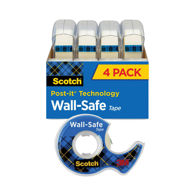 Scotch - Wall-Safe Tape with Dispenser, 1" Core, 0.75" x 54.17 ft, Clear, 4/Pack