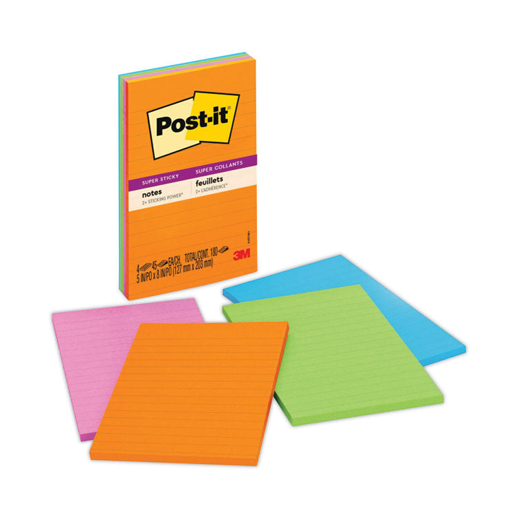 Post-it Notes Super Sticky - Pads in Energy Boost Collection Colors, Note Ruled, 5" x 8", 45 Sheets/Pad, 4 Pads/Pack