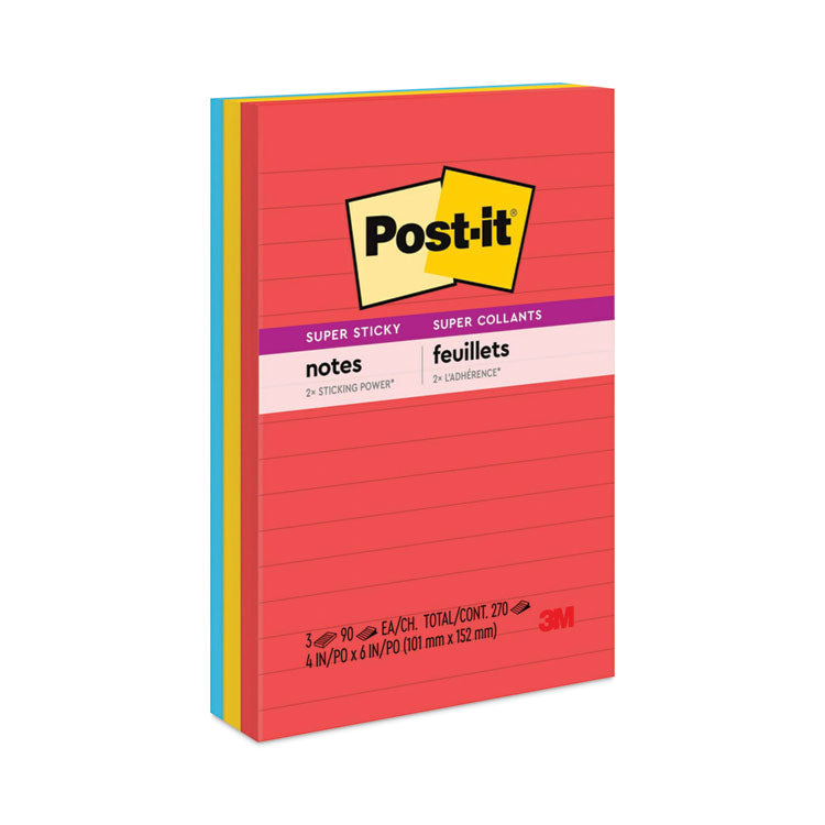 Post-it Notes Super Sticky - Pads in Playful Primary Collection Colors, Note Ruled, 4" x 6", 90 Sheets/Pad, 3 Pads/Pack