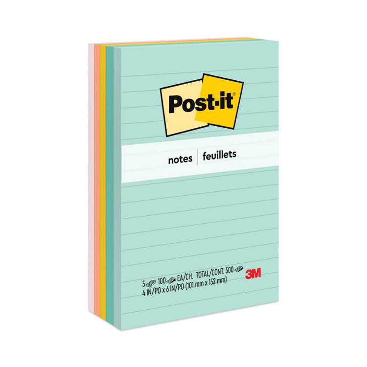 Post-it Notes - Original Pads in Beachside Cafe Collection Colors, Note Ruled, 4" x 6", 100 Sheets/Pad, 5 Pads/Pack