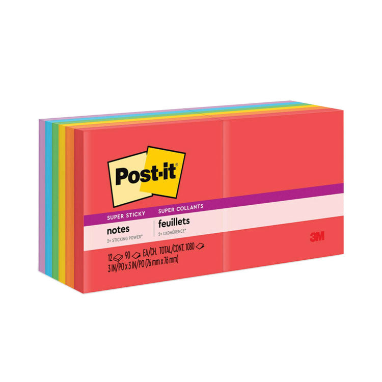 Post-it Notes Super Sticky - Pads in Playful Primary Collection Colors, 3" x 3", 90 Sheets/Pad, 12 Pads/Pack
