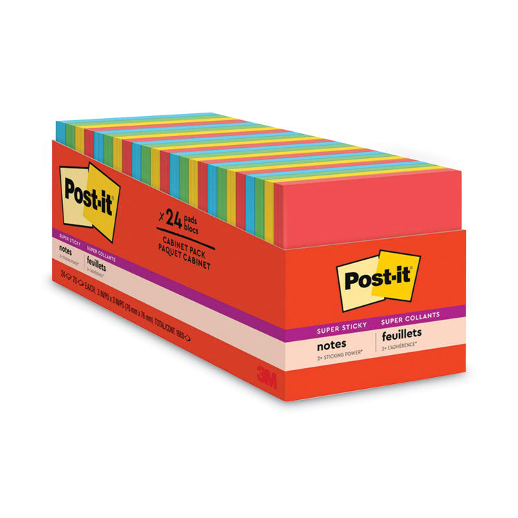 Post-it Notes Super Sticky - Pads in Playful Primary Collection Colors, Cabinet Pack, 3" x 3", 70 Sheets/Pad, 24 Pads/Pack