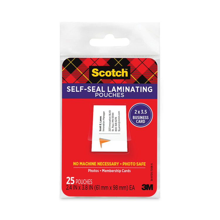 Scotch - Self-Sealing Laminating Pouches, 9.5 mil, 3.88" x 2.44", Gloss Clear, 25/Pack