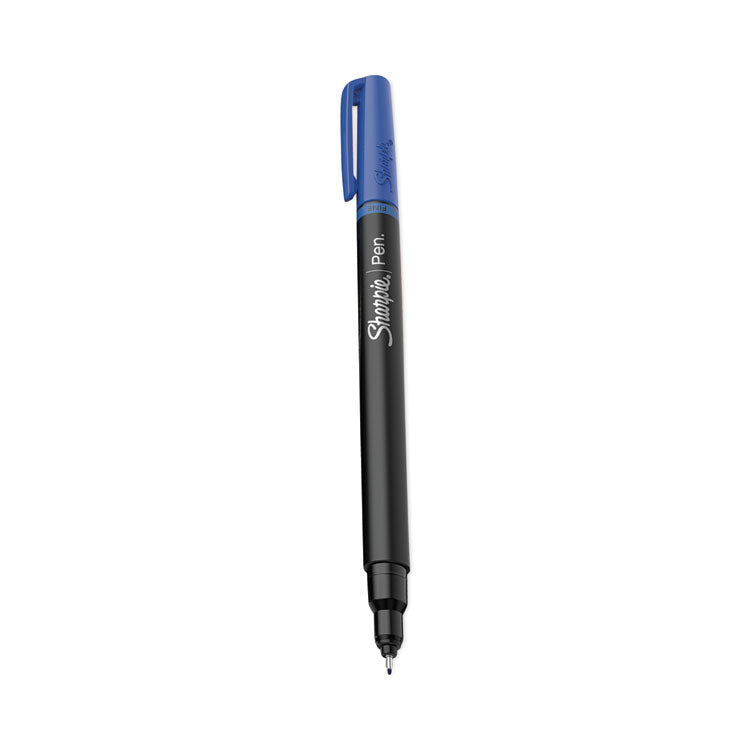 Sharpie - Water-Resistant Ink Porous Point Pen, Stick, Fine 0.4 mm, Blue Ink, Black/Gray/Blue Barrel, Dozen