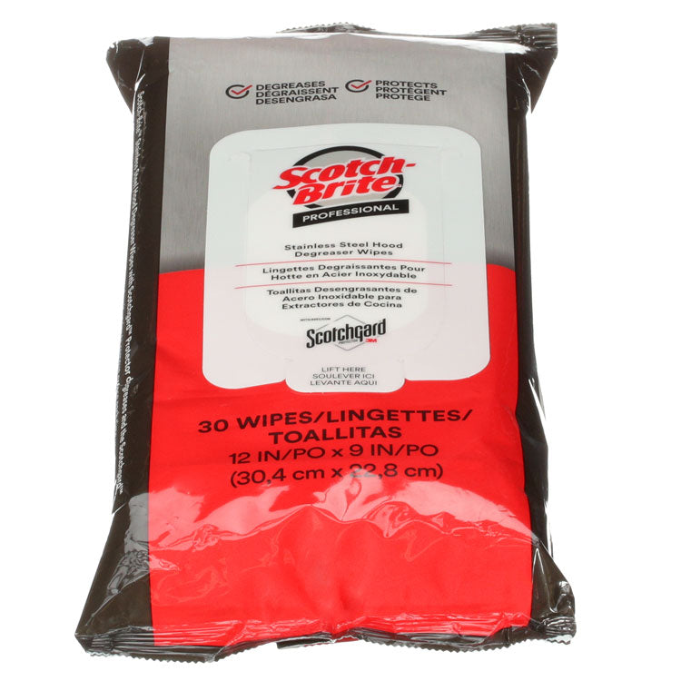 Scotch-Brite - Stainless Steel Hood Degreaser Wipes, 9 x 12, Unscented, 30 Wipes/Pack, 6 Packs/Carton