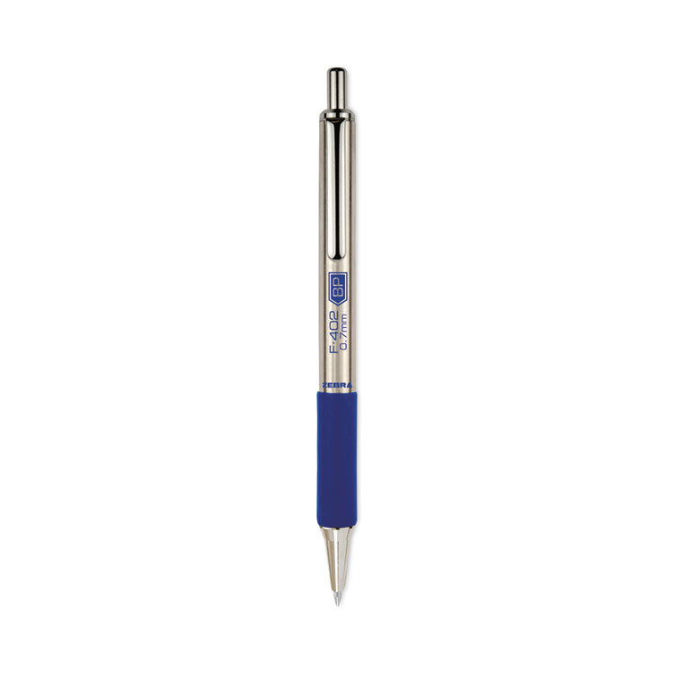 Zebra - F-402 Ballpoint Pen, Retractable, Fine 0.7 mm, Blue Ink, Stainless Steel/Blue Barrel, 2/Pack