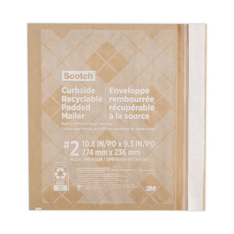 Scotch - Curbside Recyclable Padded Mailer, #2, Bubble Cushion, Self-Adhesive Closure, 11.25 x 12, Natural Kraft, 100/Carton