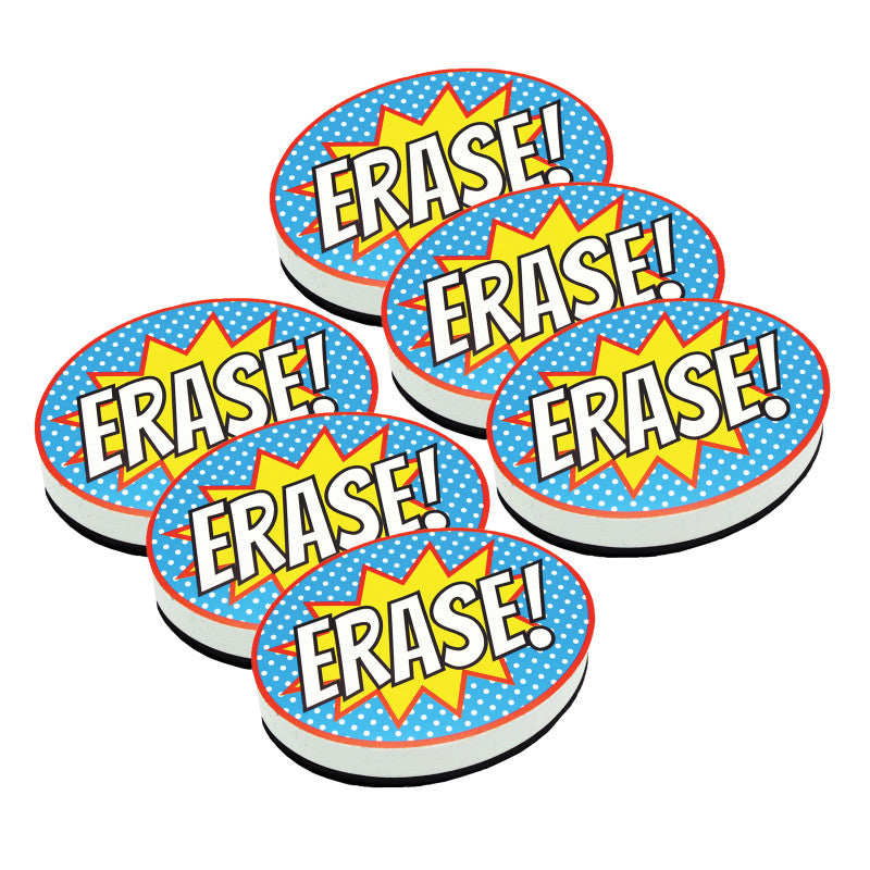 ASHLEY PRODUCTIONS - Magnetic Whiteboard Eraser, Superhero Erase!, Pack of 6