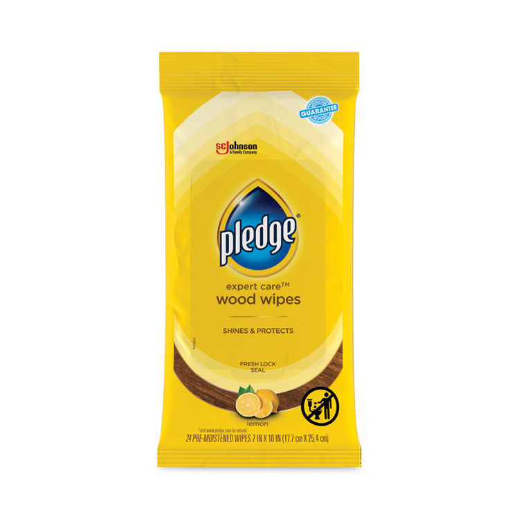 Pledge - Lemon Scent Wet Wipes, Cloth, 7 x 10, White, 24/Pack