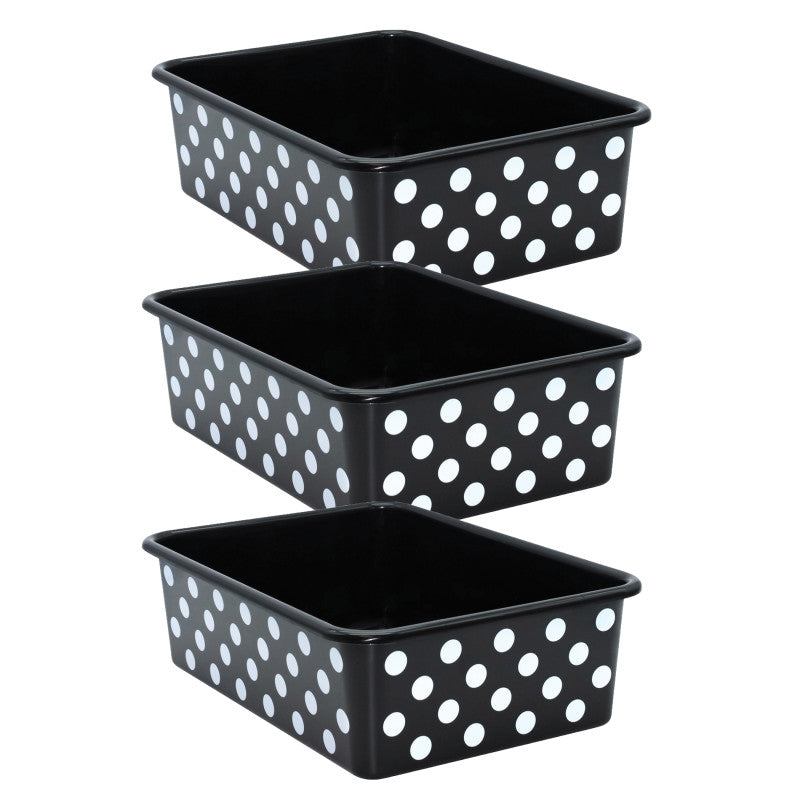 TEACHER CREATED RESOURCES - White Polka Dots on Black Large Plastic Storage Bin, Pack of 3