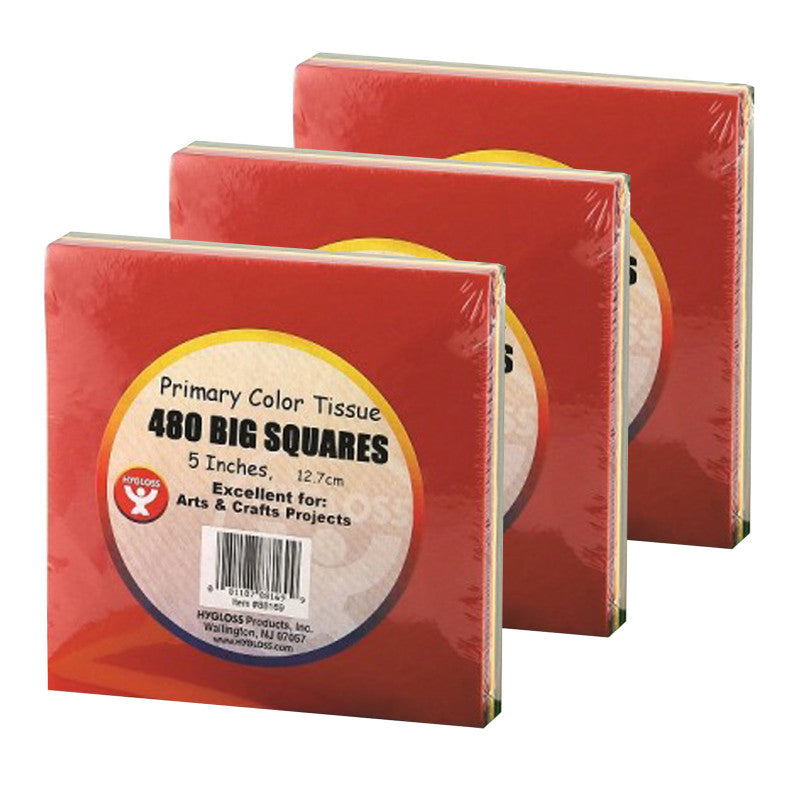 HYGLOSS - Tissue Paper Squares, 5", Primary Colors, 480 Per Pack, 3 Packs
