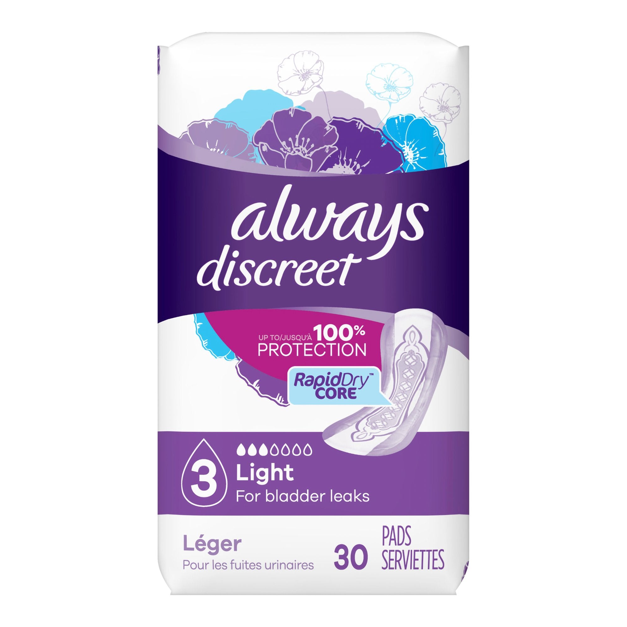 Procter & Gamble - Bladder Control Pad Always® Discreet 9.4 Inch Length Light Absorbency Super Absorbent Core Size 3 [30/PK]