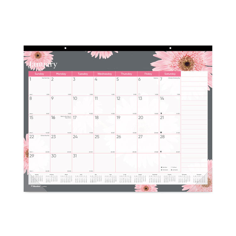 Brownline - Monthly Desk Pad Calendar, 22 x 17, Pink/White Sheets, Black Binding, 12-Month (Jan to Dec): 2024