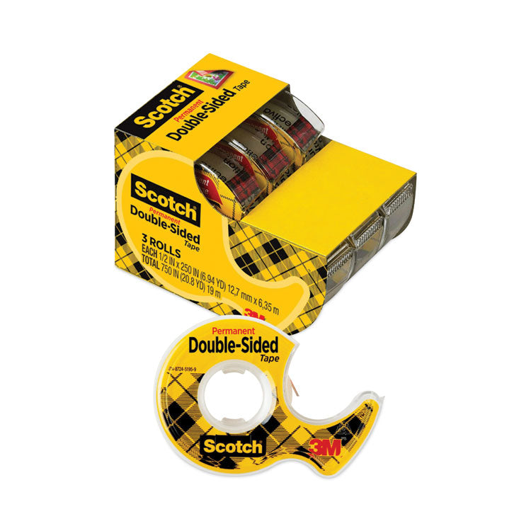 Scotch - Double-Sided Permanent Tape in Handheld Dispenser, 1" Core, 0.5" x 20.83 ft, Clear, 3/Pack