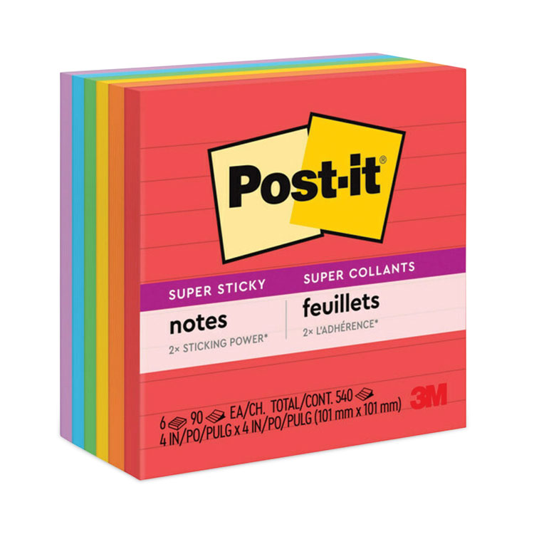 Post-it Notes Super Sticky - Pads in Playful Primary Collection Colors, Note Ruled, 4" x 4", 90 Sheets/Pad, 6 Pads/Pack