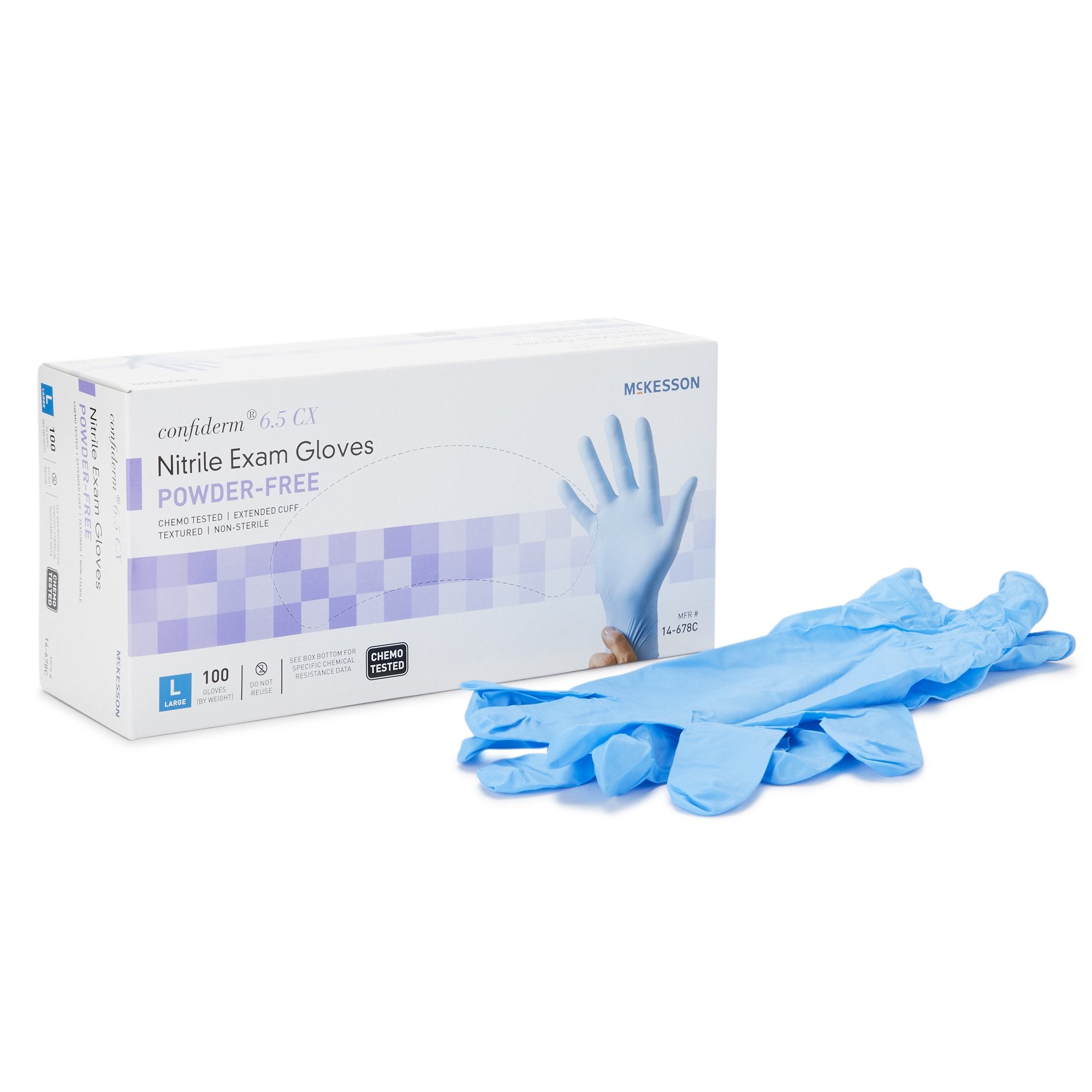 McKesson Brand - Exam Glove McKesson Confiderm® 6.5CX Large NonSterile Nitrile Extended Cuff Length Textured Fingertips Blue Chemo Tested [100/BX]