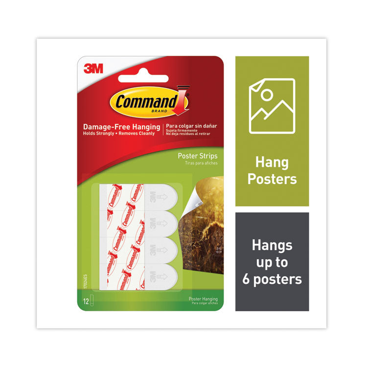 Command - Poster Strips, Removable, Holds up to 1 lb per Pair, 0.63 x 1.75, White, 12/Pack