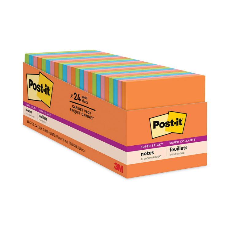 Post-it Notes Super Sticky - Pads in Energy Boost Collection Colors, Cabinet Pack, 3" x 3", 70 Sheets/Pad, 24 Pads/Pack