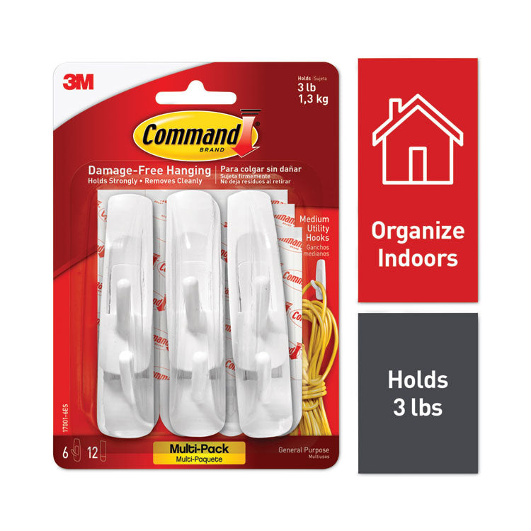 Command - General Purpose Hooks Multi-Pack, Medium, 3 lb Cap, White, 6 Hooks and 12 Strips/Pack