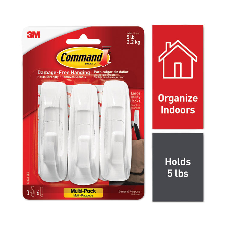 Command - General Purpose Hooks Multi-Pack, Large, 5 lb Cap, White, 3 Hooks and 6 Strips/Pack