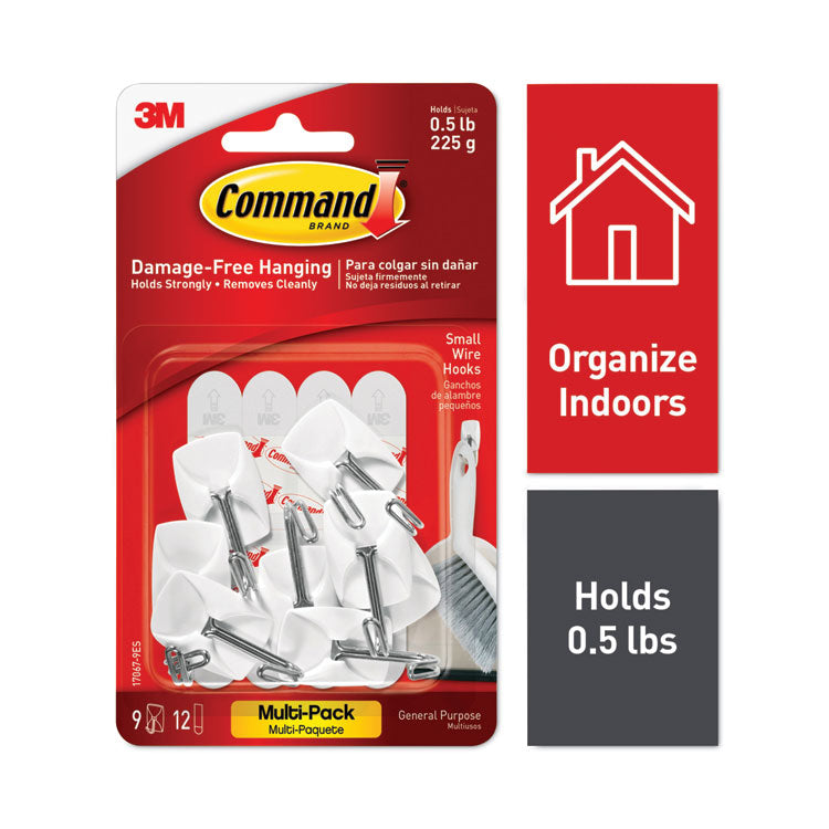 Command - General Purpose Wire Hooks Multi-Pack, Small, 0.5 lb Cap, White, 9 Hooks and 12 Strips/Pack