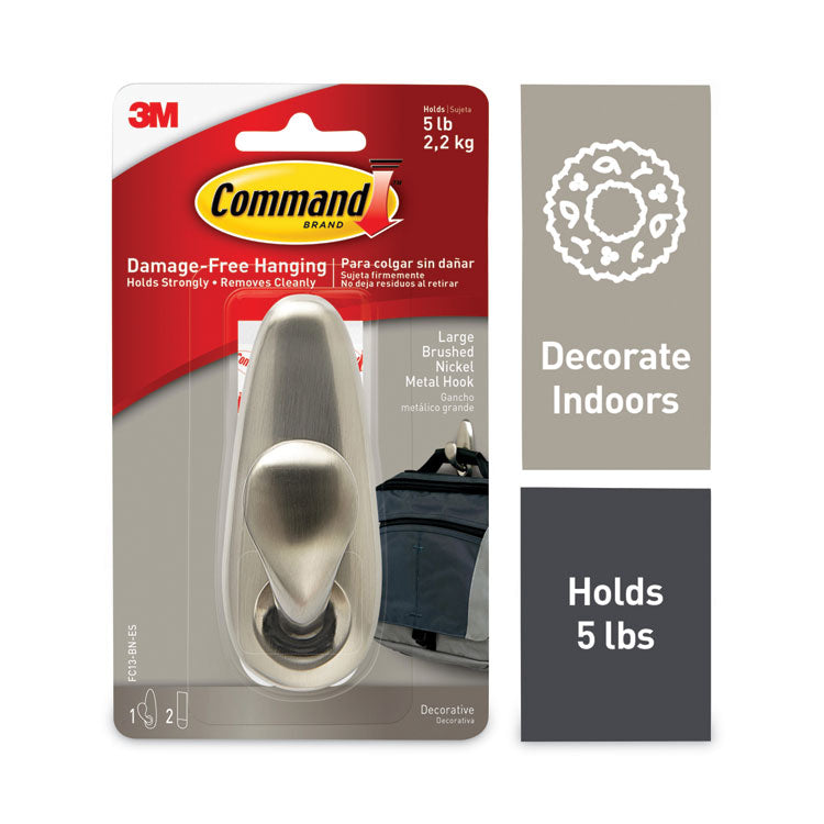 Command - Adhesive Mount Metal Hook, Large, Brushed Nickel Finish, 1 Hook and 2 Strips/Pack