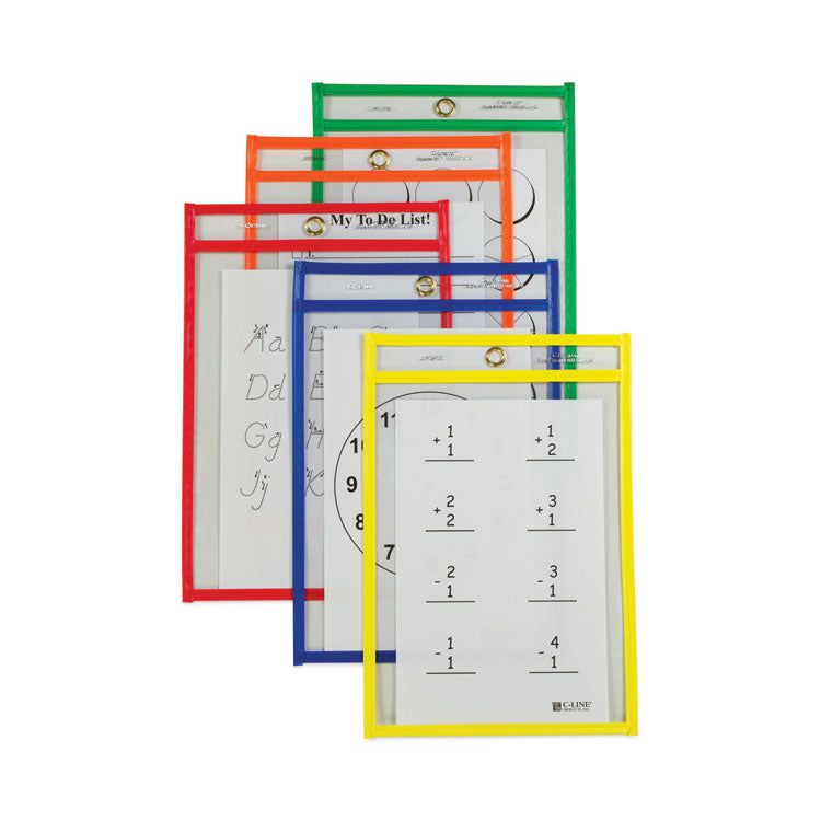 C-Line - Reusable Dry Erase Pockets, 6 x 9, Assorted Primary Colors, 10/Pack