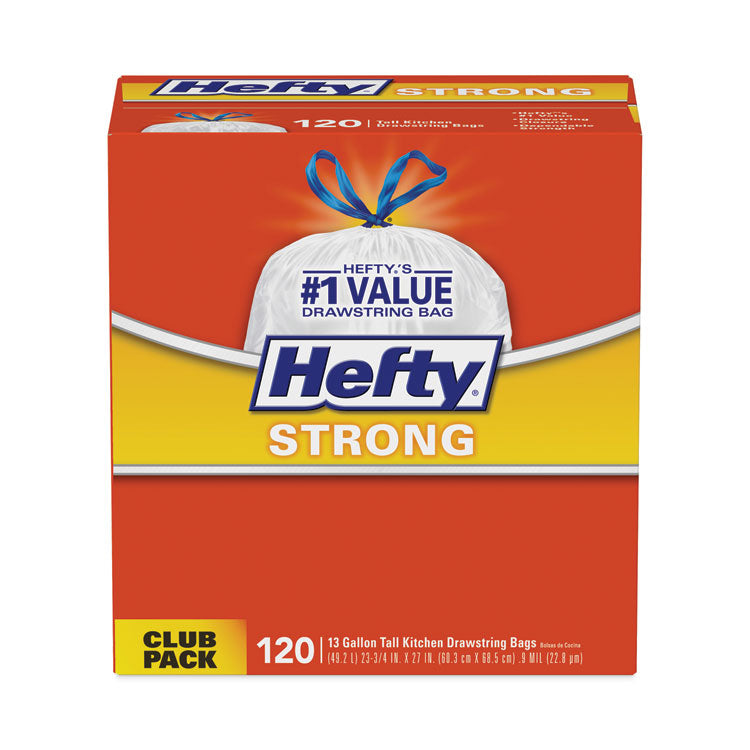 Hefty - Strong Tall Kitchen Drawstring Bags, 13 gal, 0.9 mil, 23.75" x 27", White, 360/Carton