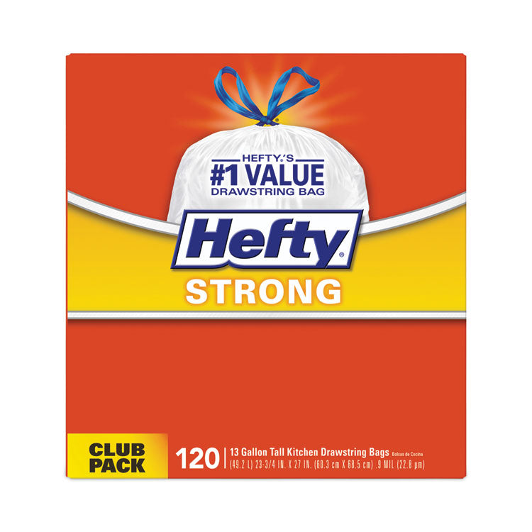 Hefty - Strong Tall Kitchen Drawstring Bags, 13 gal, 0.9 mil, 23.75" x 27", White, 90/Box