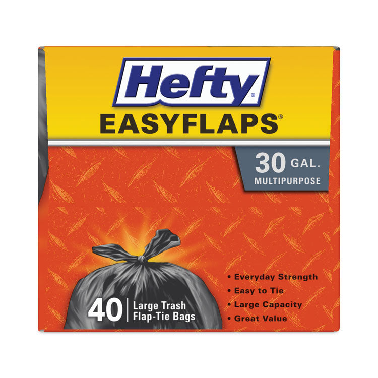 Hefty - Easy Flaps Trash Bags, 30 gal, 0.85 mil, 30" x 33", Black, 240/Carton