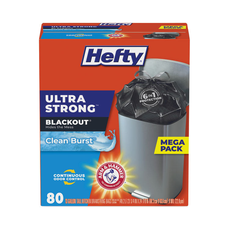 Hefty - Ultra Strong BlackOut Tall-Kitchen Drawstring Bags, 13 gal, 0.9 mil, 23.75" x 24.88", Black, 240/Carton