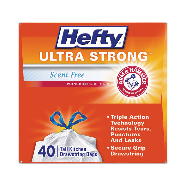 Hefty - Ultra Strong Tall Kitchen and Trash Bags, 13 gal, 0.9 mil, 23.75" x 24.88", White, 40/Box, 6 Boxes/Carton