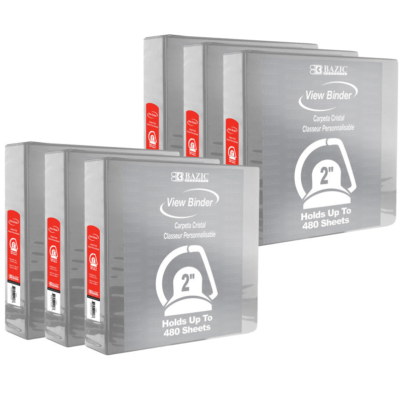 BAZIC PRODUCTS - Slant D Ring View Binder with 2 Pockets, 2", Gray, Pack of 6