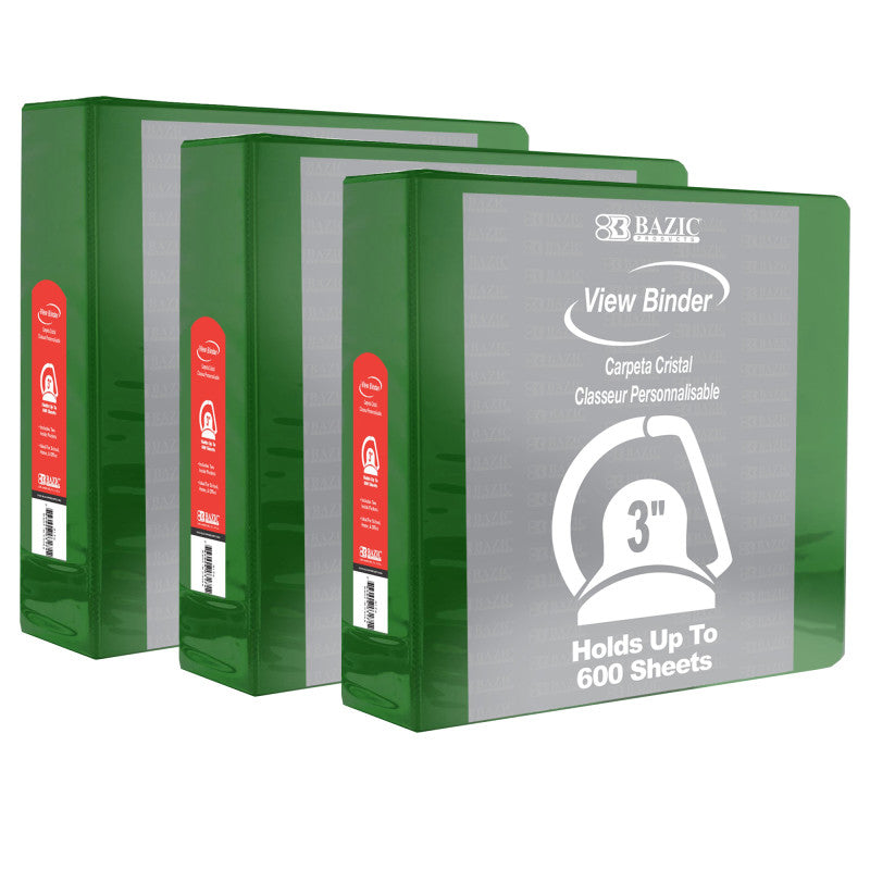 BAZIC PRODUCTS - Slant D Ring View Binder with 2 Pockets, 3", Green, Pack of 3