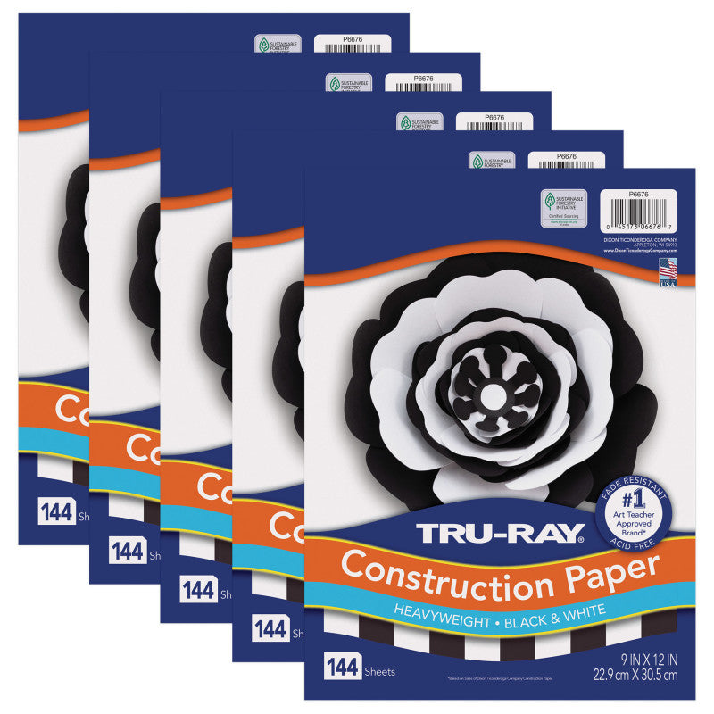 TRU-RAY - Premium Construction Paper, Black & White, 9" x 12", 144 Sheets Per Pack, 5 Packs